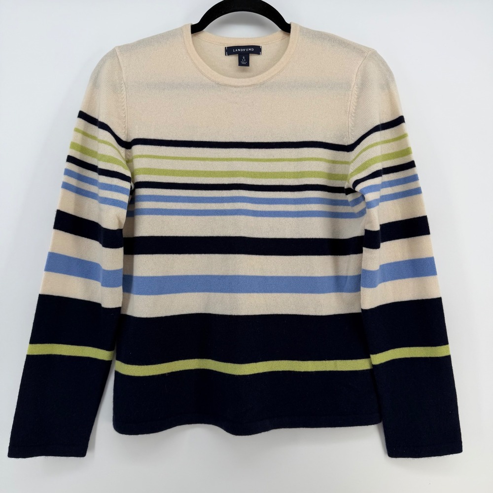Lands' End 100% Cashmere Sweater Women's Small Striped Crewneck Soft Luxury Knit